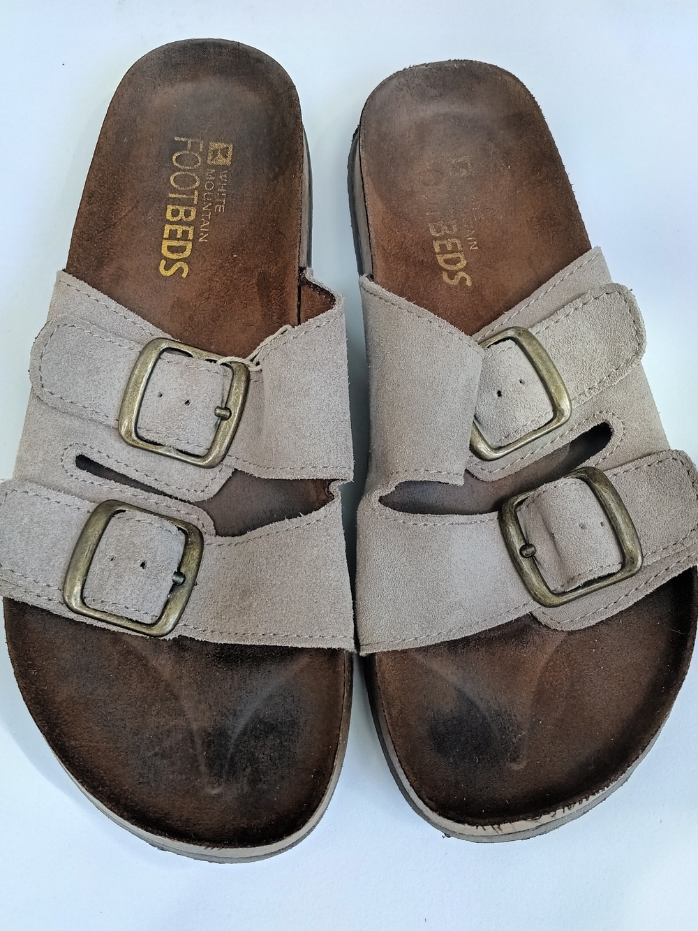 White Mountain Footbeds Taupe Suede Double Buckle Slide Comfort Sandals  Size 7